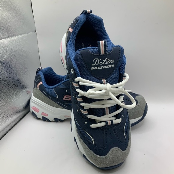 Skeckers Sports Woman's D'Lites Blue Pink Memory Foam Lace Up Wide Fit - 8 - Picture 1 of 9